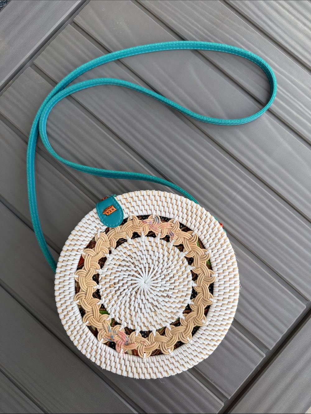 Woven Round Crossbody Bag in White with Teal Strap